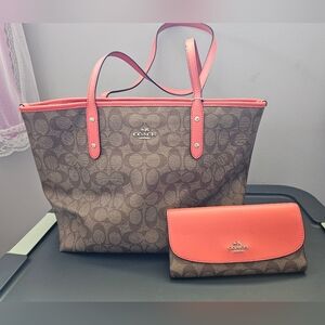 Coach Brown and Pink Signature Tote and Wallet Set